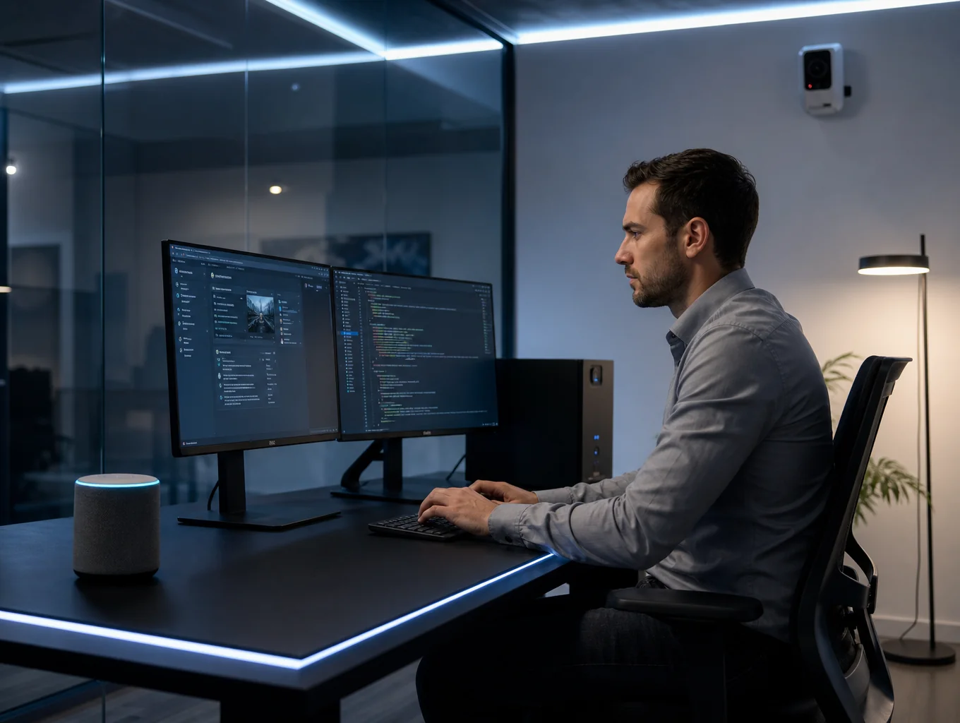 Professional working in a structured minimalist workspace