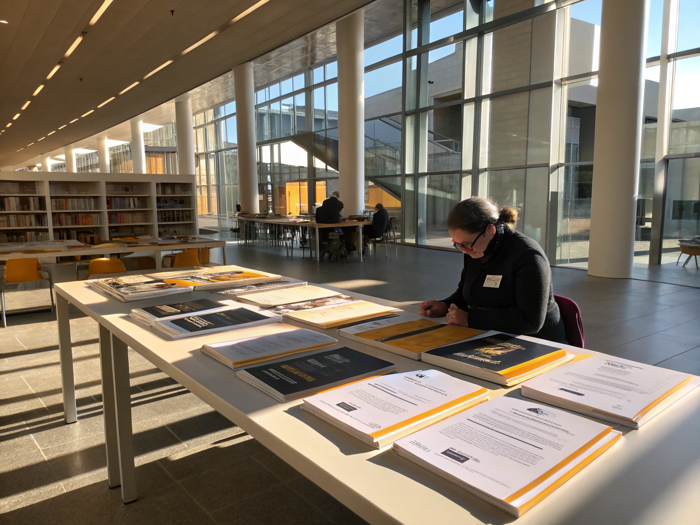 Seminar discussing executive workplace dynamics in modern library hall